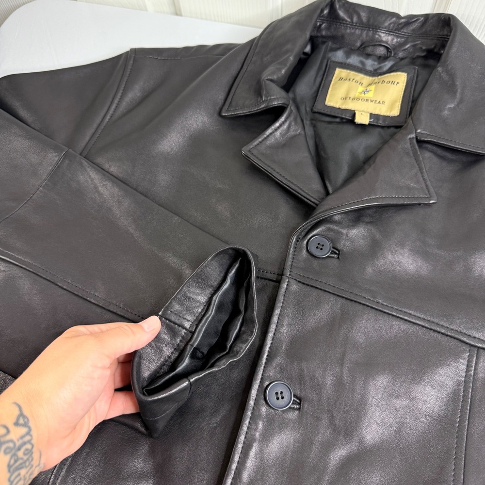 Boston Harbour Outdoorwear Mens Black Leather Button Front Car Coat Jacket L - Picture 13 of 16